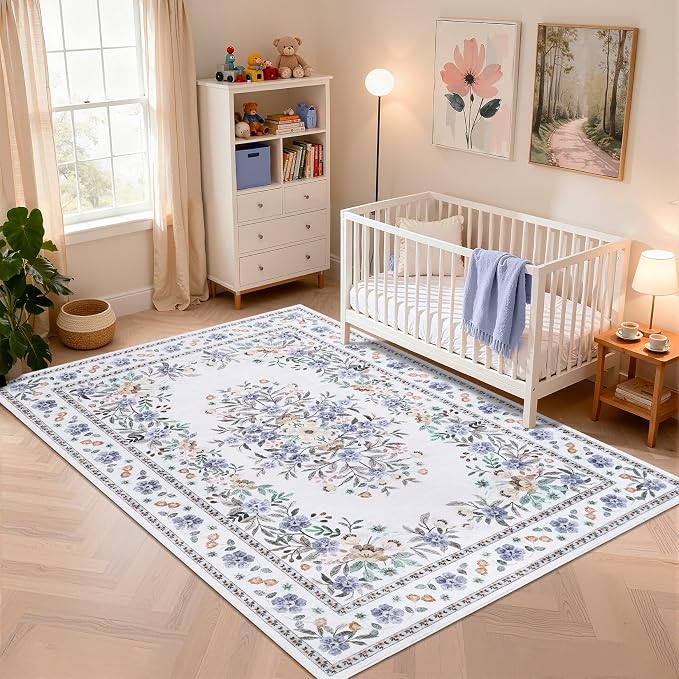 GarveeHome 3x5 Floral Rug for Nursery Vintage Flower Leaf Bordered Carpet | Machine Washable Non-Slip Low Pile Throw Floor Cover Colorful Beige Area Rug for Bedroom Living Room Dining