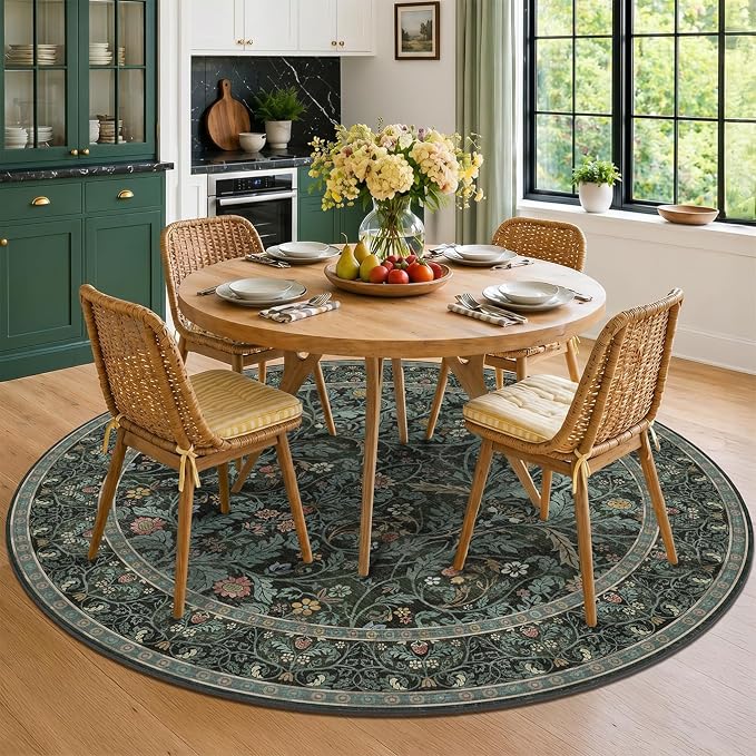 8ft Round Rug for Living Room, Dark Green Vintage Botanical Floral Large Circle Dining Room Area Rug, Washable Non-Slip Traditional Floor Carpet for Dining Room Under Table, High Traffic Area