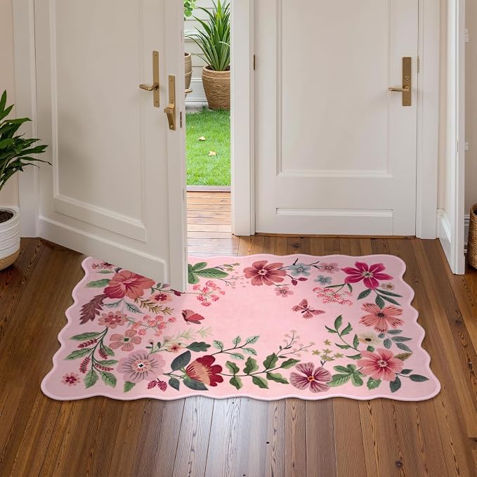 Lahome Floral Washable Entryway Rug, 2X3 Soft Kitchen Rugs Non-Slip | Ultra-Thin Door Mat Indoor Entrance Stain Resistant Boho Small Throw Carpet for Bathroom Bedroom Entry Flore, Pink