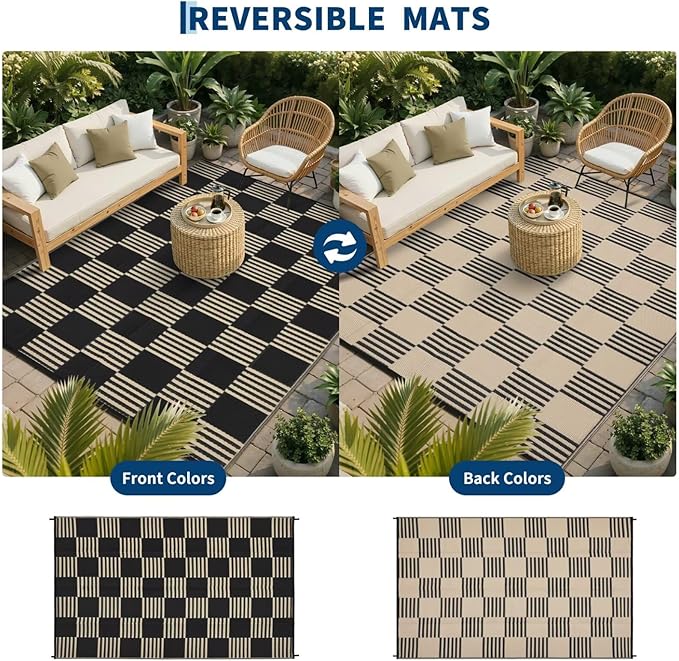 Garvee Waterproof Outdoor Rug 10x20, Checkered Foldable Plastic Straw Patio Camping Rug, Outdoor RV Carpet for Deck Camper Porch Balcony Backyard Picnic Beach Black and Brown
