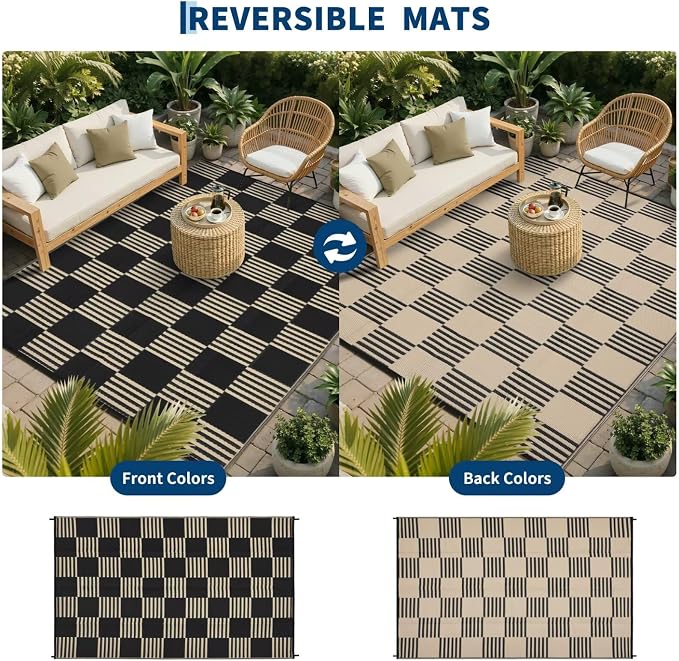 Garvee Waterproof Outdoor Rug 6x9, Checkered Foldable Plastic Straw Patio Camping Rug, Outdoor RV Carpet for Deck Camper Porch Balcony Backyard Picnic Beach Black and Brown