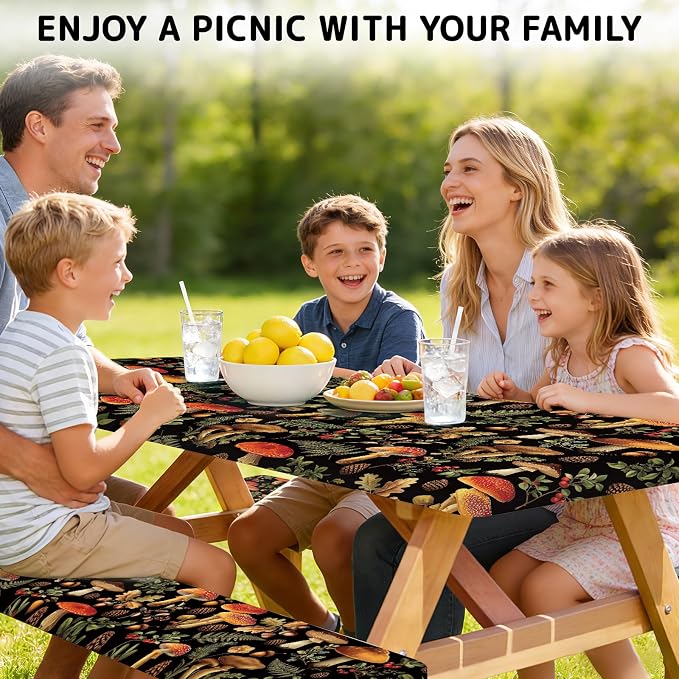 Picnic Table Cover with Bench Covers Elastic Edges, 3 Pcs Mushroom Fitted Table Cover with Drawstring Bag, Waterproof Windproof Aesthetic Camping Tablecloth, Outdoor Camping Essentials 72 Inch