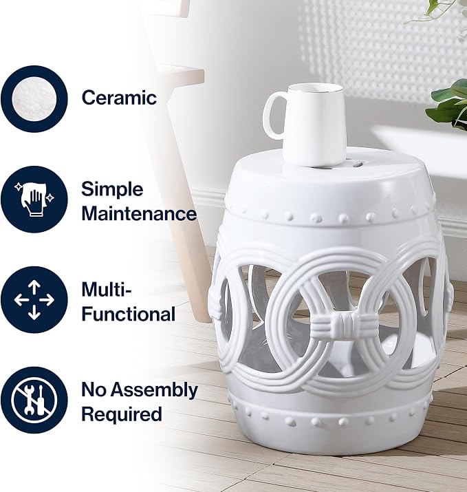 JONATHAN Y Lucky Coins 16" Ceramic Garden Stool, Contemporary White Cutout Interlocking Rings Drum Indoor/Outdoor Side Table and Plant Stand for Patio, Garden, Living Room TBL1022A
