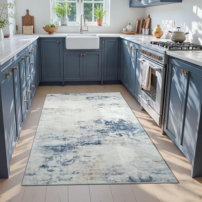 Toneed 4x6 Washable Non Slip Abstract Area Rugs for Bedroom Living Room | Soft Modern Low Pile Rug for Kitchen Hallway Office,Indoor Carpet for Kids Nursery Home Decor, Blue/White