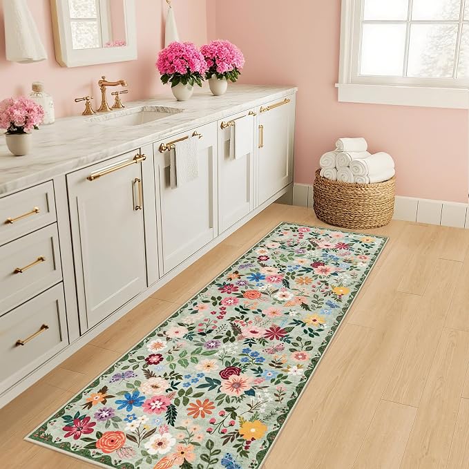 PLHXFR 2x6 Washable Runner Rug：Floral Indoor Kitchen Soft Carpet Green | For Hallway Bedroom Kitchen Laundry Bathroom Dorm,Vintage Floral,Machine washable,Non Slip,Stain Resistant,Indoor Floor