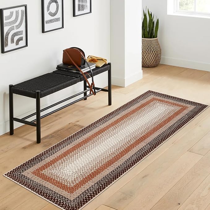 RUGSREAL Washable Runner Rug 2x8 Non Slip Braided Hallway Runner Mat | Stain Resistant Kitchen Farmhouse Printed Carpet Rustic Accent Runners for Living Room Bathroom Entryway, Brown/Rust