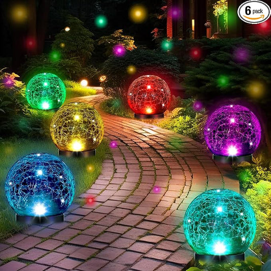 Glooglitter 6 Pcs Extra Large Solar Globes Lights Outdoor Cracked Glass Ball Solar Light Multi Color Pre Lit Crystal Waterproof Lawn Globes for Yard Landscape Garden Decor (4.72")