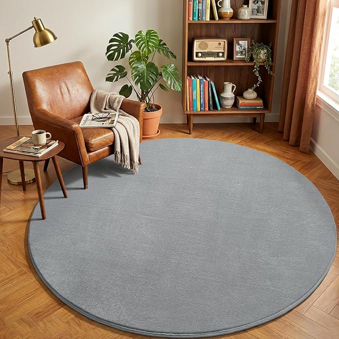 Amearea Grey Round Area Rugs 4ft Circle Rugs for Bedroom Living Room | Washable Fluffy Indoor Thickened Memory Foam Rug, Non Slip Minimalist Circular Carpet for Boys Girls Dorm Nursery Room Decor