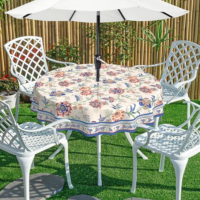 Vintage Flowers Outdoor Tablecloth with Umbrella Hole 60" x 60" Waterproof Zipper Table Cloth for Garden - Ideal Patio Table Cover for Picnics, Camping, and Yard Use