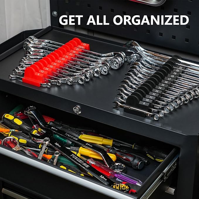 80 pcs MAGNETIC Modular Wrench Organizers for Tool Drawers - Wrench Rack with Metric & SAE Labels, Perfect Tool Storage Holder. Gift for father, brother and boyfriend (With Magnet) (Black and Red)