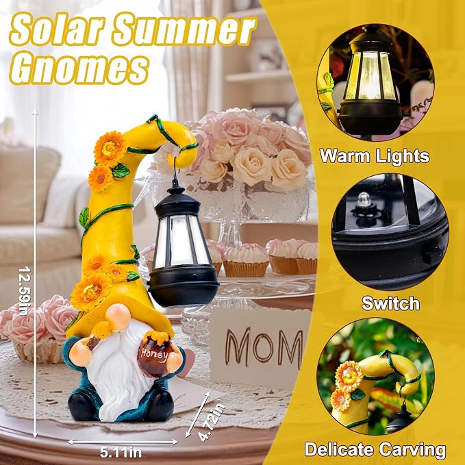 twinbling Birthday Gifts for Women Mom - Garden Gnome Statue with Solar Lights Large Garden Sculptures Funny Bee Gnome Outdoor Patio Lawn Yard Garden Decor 12 in Summer Gnomes Outdoor