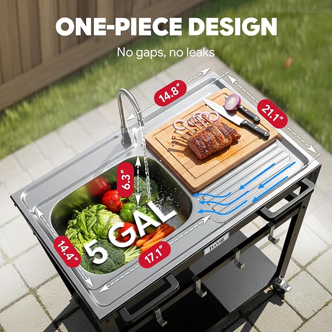 FEASTO 35-Inch Outdoor Grill Cart with Stainless Steel Sink, Rolling BBQ Prep Table with Faucet, Storage Shelves and Lockable Wheels for Patio, Backyard and Outdoor Cooking, Silver & Black | Rolling BBQ Prep Table with Faucet, Storage Shelves and Locka...