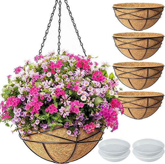 4 Pack 10 Inch Hanging Planters Metal Wire Flower Baskets with Natural Coconut Liners for Outdoor Plants Round Plant Holder Planter for Garden Decor