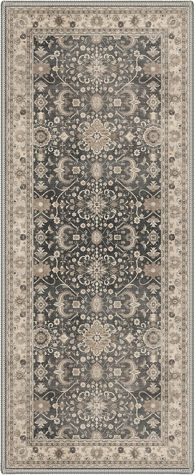 2X5 Washable Hallway Runner Rug, Boho Oriental Floral Non Slip | Dusty Taupe Floral Runner, Soft Faux Wool Rug for Corridor Kitchen Entryway,Stain Resistant,Pet-Friendly,Non-Shedding