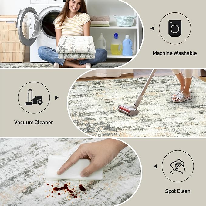 8x10 Area Rugs for Living Room: Washable Abstract Grey Brown Badroom Carpet | Non-slip TPE backing makes this washable soft low-pile rug safe & durable, Pet-friendly decor for dining room,nursery,office