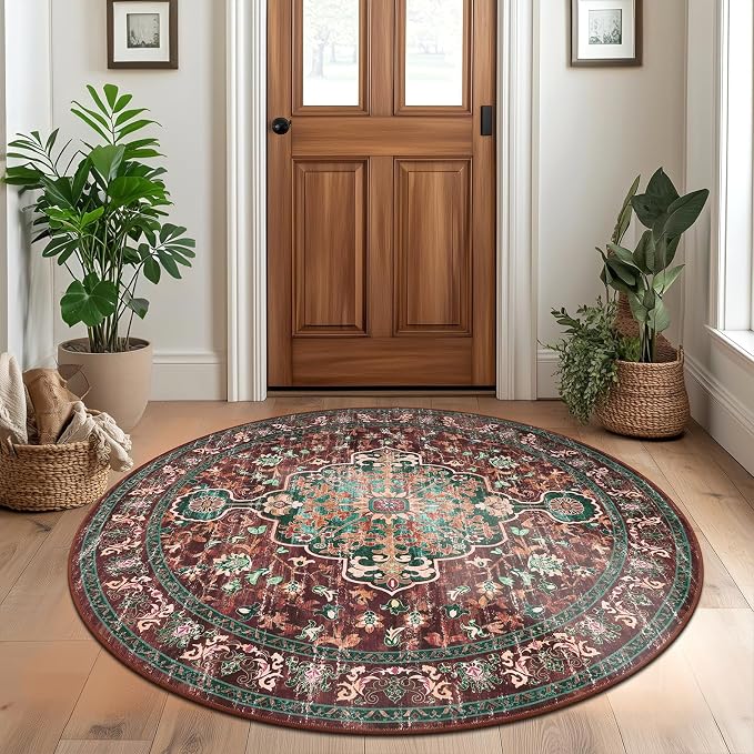 U'Artlines Boho Round Area Rug 4ft Machine Washable Carpet, Rust＆Teal | Vintage, Low Pile, Non Slip, Ultra-Thin Soft Floor Carpet, Circle, Accent Rug for Living Room Bedroom Dining Room Office