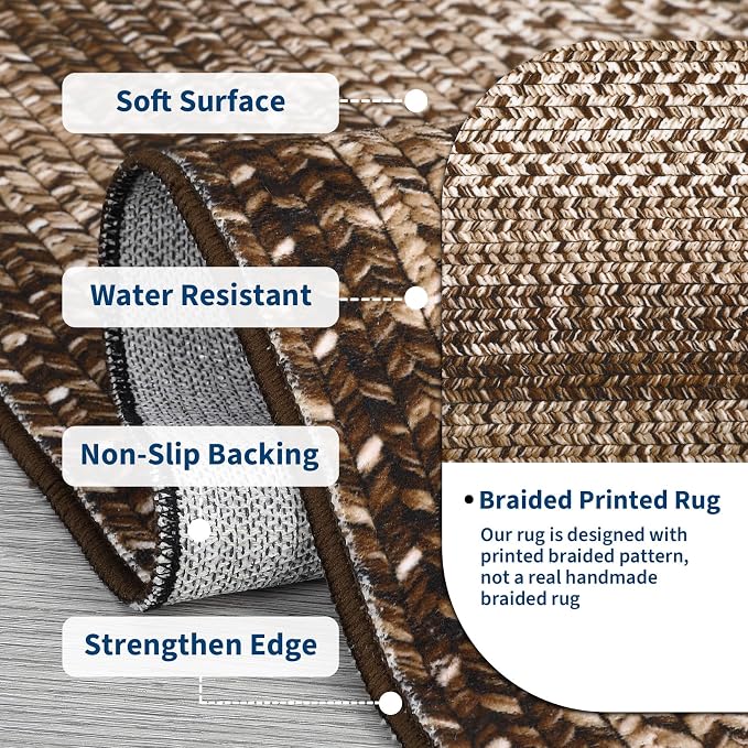 RUGSREAL 2x6 Runner Rug Braided Print Hallway Area Rugs Machine Washable | Throw Floor Cover Non Slip Modern Runner Carpet for Kitchen Farmhouse Rustic Carpet for Living Room Bedroom, Brown