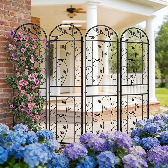 4 Pack 87x20in Garden Trellises, Daisy & Bird Black Metal Coated Rustproof Trellis for Climbing Plants Outdoor, Roses, Vegetables, Vines, Cucumbers