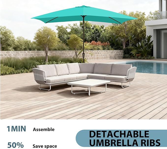 6.5x10FT Rectangular Patio Umbrella with Push Button Tilt & Crank Lift for Garden,UV Protection Outdoor Umbrella for Deck,Pool and Yard,Turquoise