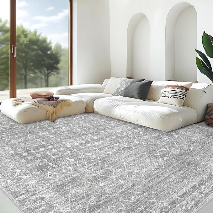 Area Rug Living Room Rugs 8x10 - Large Soft Boho Geometric Rug, Non-Slip Foldable Washable Rugs Non Shedding Morden Indoor Floor Carpet for Living Bedroom Office Dining Room (Moroccan Grey, 8'x10')