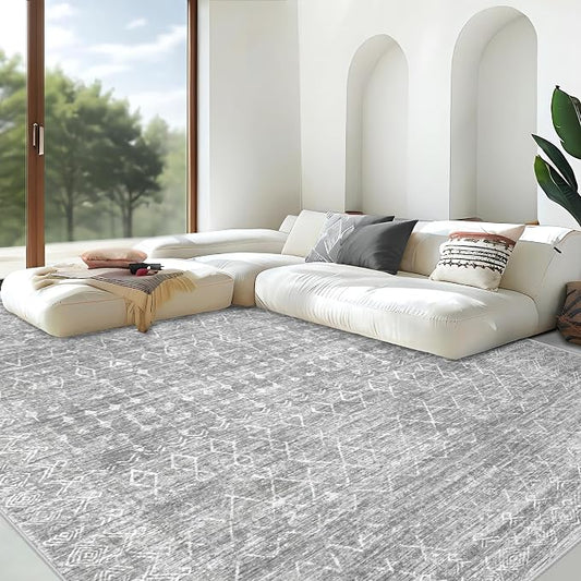 Area Rug Living Room Rugs 8x10 - Large Soft Boho Geometric Rug, Non-Slip Foldable Washable Rugs Non Shedding Morden Indoor Floor Carpet for Living Bedroom Office Dining Room (Moroccan Grey, 8'x10')