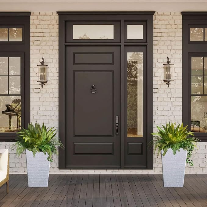 2 Sets Large Tall White Planters Planter 21''H x 12''W | Resin, Stone Finish, Tapered Design, Indoor/Outdoor, For Porch, Patio, Garden, Front Door