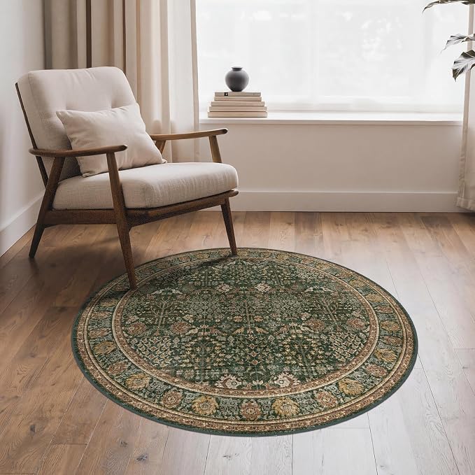 3ft Round Area Rug 3x3, Washable Non Slip, Dark Green Brown | Vintage Floral, Spill Resistant, Lightweight Low Pile Non-Shedding Carpet for Bedroom, Nursery and Kitchen