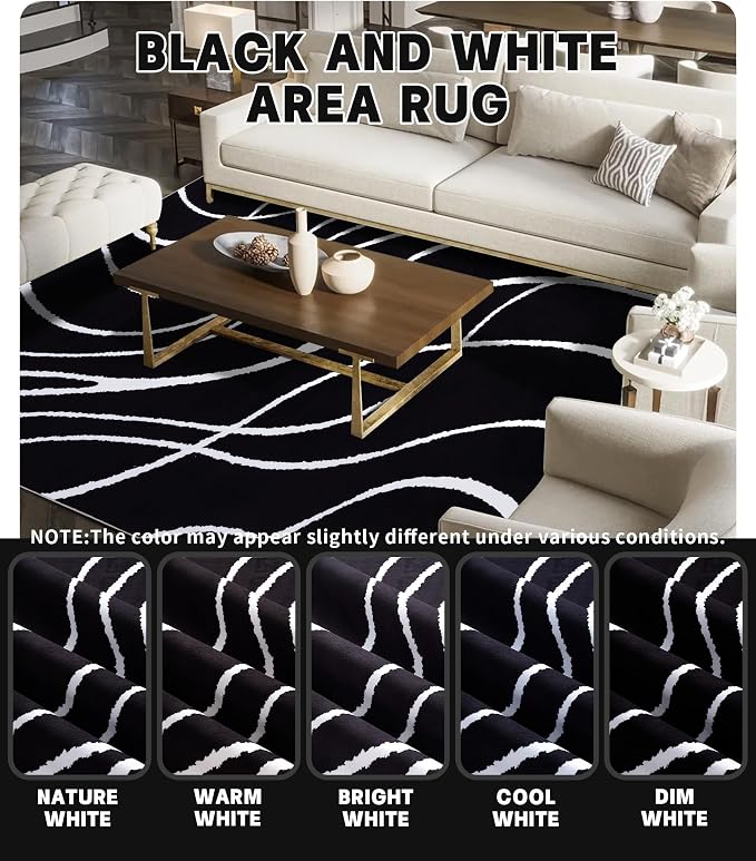 Black Modern Area Rug 6x9,Abstract Rugs for Bedroom,Black and White Geometric Rug,Minimalist Striped Rug,Dark Washable Area Rugs 5x7 Non Slip Rugs for Living Room，Office