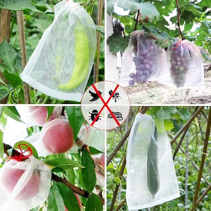 Kikhope Fruit Protection Bags, 50 Pcs 14"x10" Garden Netting Bags White | Fruit Netting Bags, Fruit Protection Netting Bags, Insect Bird Netting, Pest Barrier Bags, Garden Net with Drawstring
