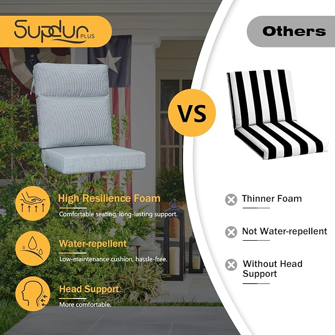 Outdoor High Back Chair Cushion, 2 Pack 44x21 inches Patio Chair Cushions Water Repellent Rocking Cushions Indoor Furniture Seat Pad, Black White Mini Check