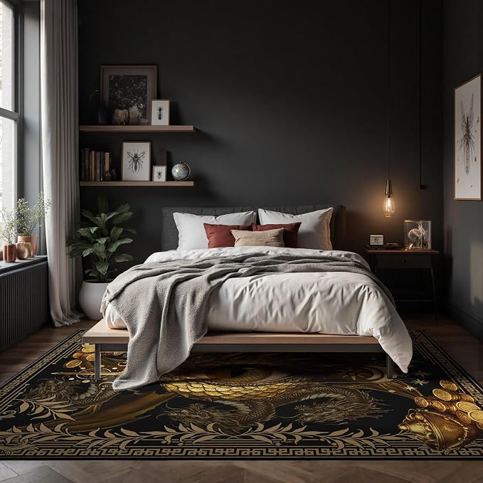 Dark Black Area Rug 8x10 -Dragon & Treasure Carpet with Fantasy Design, Luxurious Machine Washable Non-Slip Rug for Living Room, Bedroom.