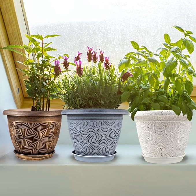 Fodetyff 6 Inch Flower Pots Planters for Indoor Outdoor Plants, 6 Pack Plastic Small Plant Pots with Drainage Hole & Tray, Modern Decorative Garden Pot with Saucer, Plant Container for House