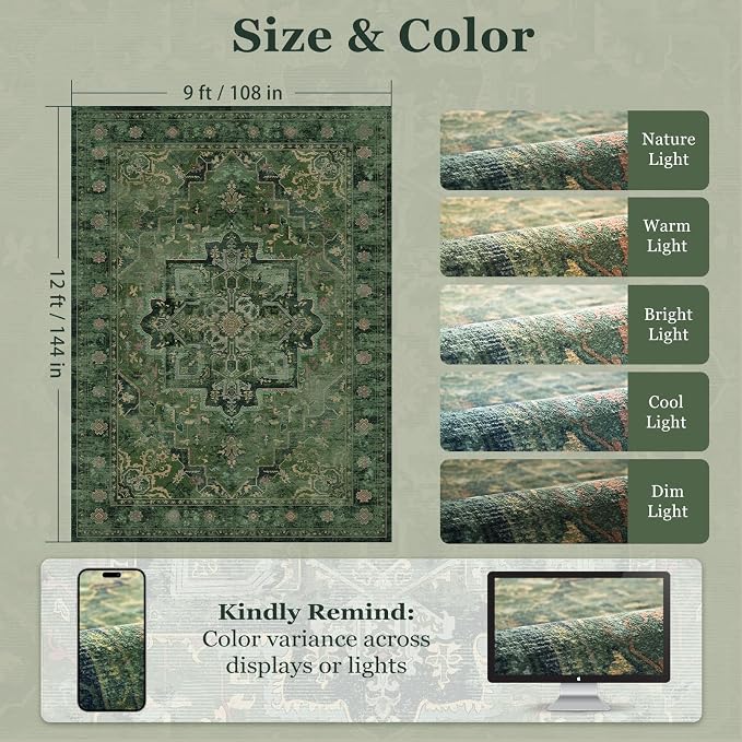 Large Vintage Area Rugs 9x12 for Living Room, Dark Green Tranditional Distressed Medallion Printed Big Carpet Rugs for Bedroom, Washable Non Slip Low Pile Thin Rugs for Dining Room