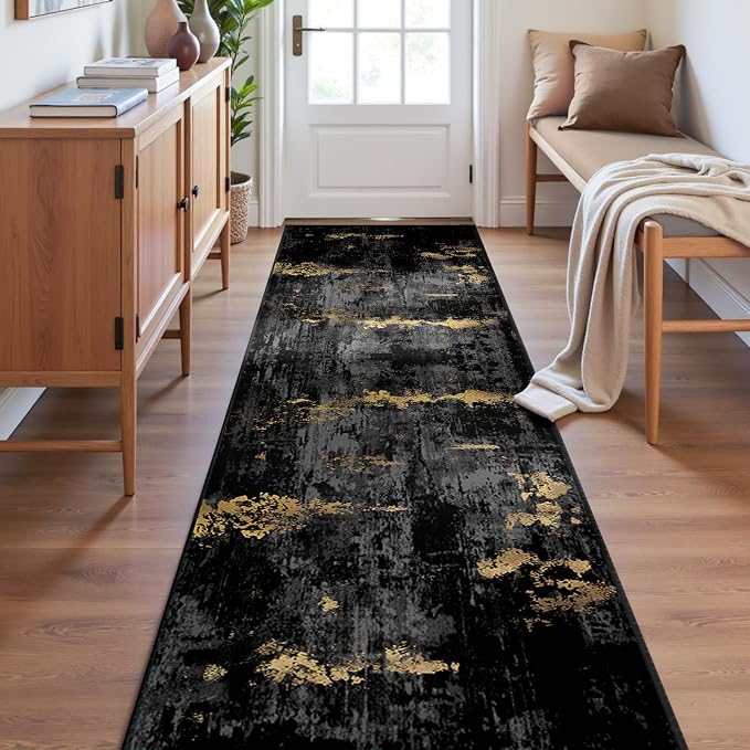 RELEANY Washable Runner 2'x6' Abstract Area Rug for Hallway Black Gold | Carpet for Kitchen, Entryway, Bathroom, Living Room, Bedroom, Printed Pattern, Non‑Slip, Soft, Stain‑Resistant, Easy to Clean