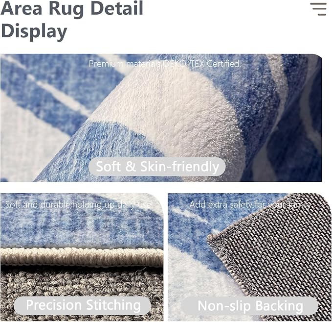 Decorative Washable Area Rug 8'x10', Soft Large Rug for Living Room and Bedroom, Blue Waves Pattern