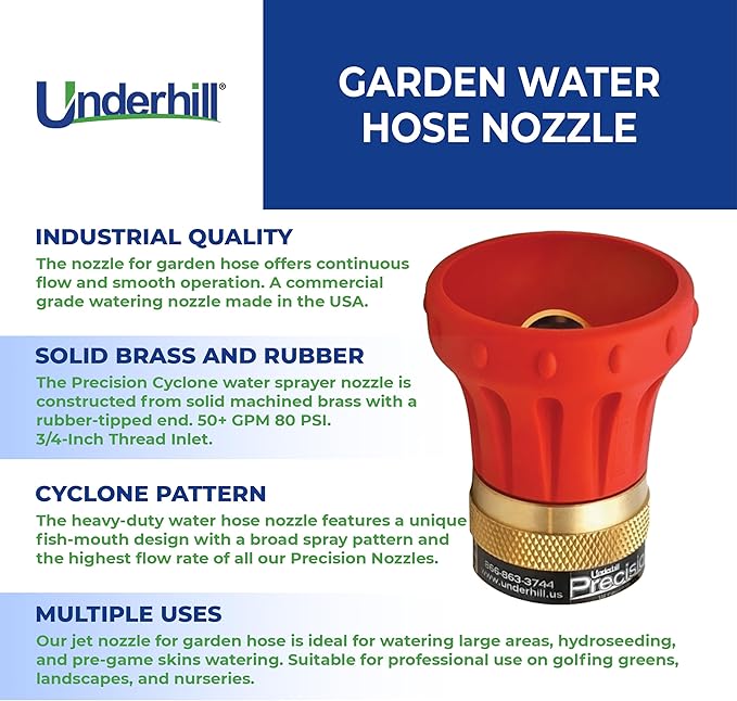 Underhill Precision Cyclone Garden Water Hose Nozzle Sprayer, 50+ GPM 80 PSI, 3/4-Inch Thread Inlet, High Pressure Heavy-Duty Brass and Rubber, HN5000