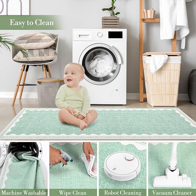 2x3 Scalloped Area Rugs Green Washable Entryway Bedroom Rug | Solid Small Area Rug Non Slip Scalloped Bath Mat, Front Door Mat Indoor Entrance,Soft Girls Nursery Dorm Carpet for Kitchen