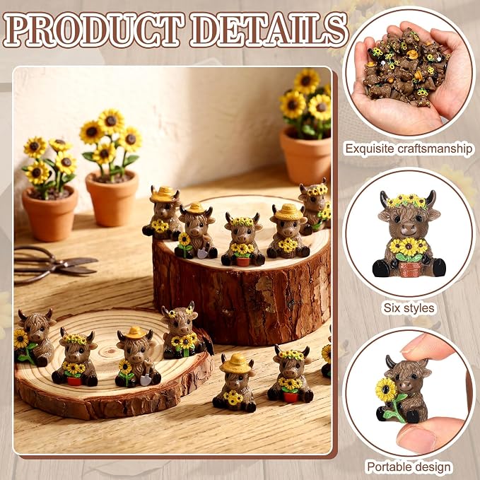 Yaomiao 60 Pcs Mini Highland Cow Figurines Resin Sunflower Highland Cow Figurines Cute Miniature Resin Gift Statue Decorations for Office Garden Desk Tabletop Festive Party Home Kitchen Tiered Tray