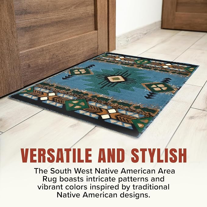 YHSF South West Native American Area Rug C318 - Easy Clean, Thick, Soft, Durable Native Tribal American Indian Inspired Rug for Bedroom/Living Room and More - Blue-Green, 3 Feet x 4 Feet 7 Inches