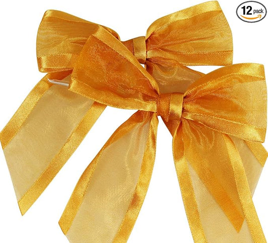 Gold Pre-Tied Organza Bows with Twist Ties. Pack of 12 Satin-Edged Fabric Bows Made of 1-1/2" Ribbon. Bow Measures 4" Wide (12, Gold)