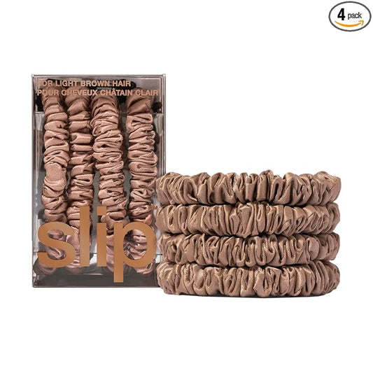 Slip Silk Hair Ties — Skinny Silk Light Brown Scrunchies, No Damage, No Crease, Anti-Breakage |100% Mulberry Silk | All Hair Types | Made with Proprietary Slipsilk™ | Set of 4