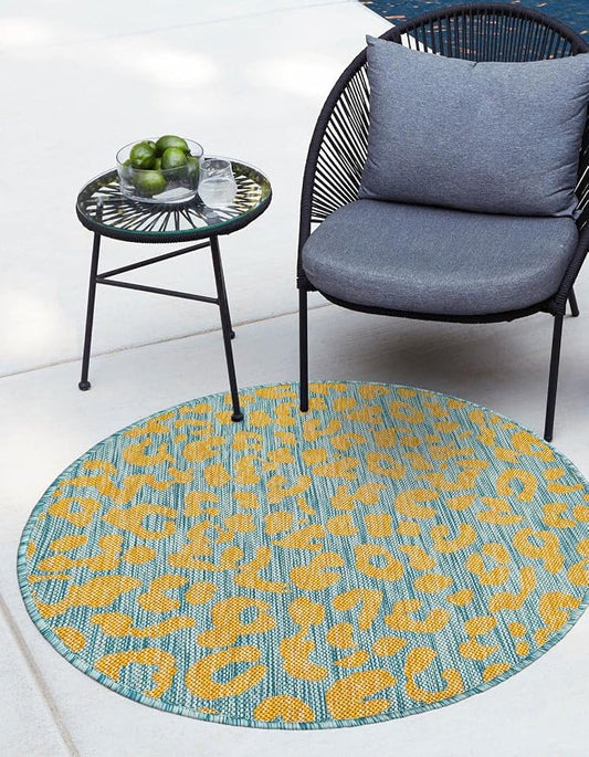 Unique Loom Outdoor Safari Collection Area Rug - Leopard (10' Round, Blue Yellow/ Blue)