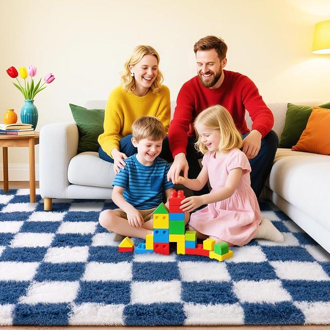 Checkered Rug for Living Room 6x9, Ultra Fluffy Fuzzy Shag Large Area Rug for Bedroom, Modern Plush Soft Upgrade Non-Slip Carpet for Kids Girls and Boys Room Dorm Home Decor, Navy and White
