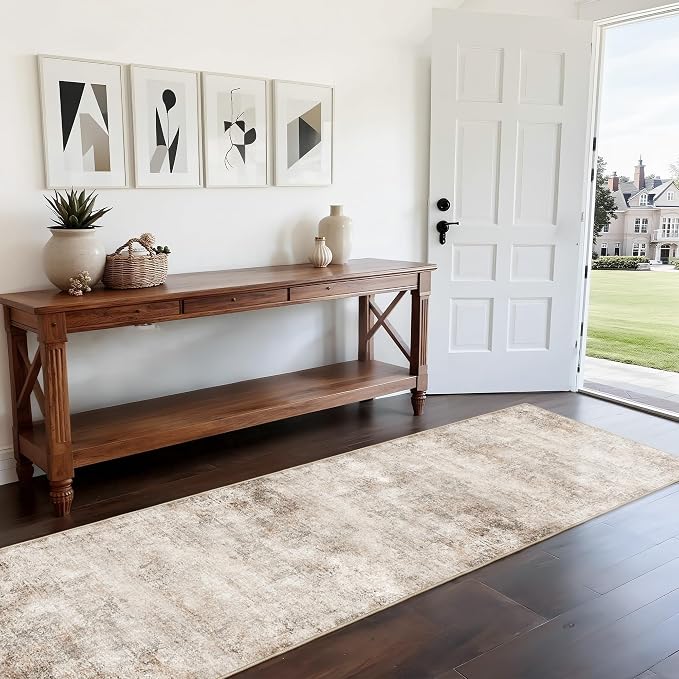 Abstract Beige Runner Rugs for Hallway: Washable Runner Rug 2x10 for Kitchen Entryway Bathroom Bedroom Indoor - Easy Clean Soft Thin Floor Mat - Modern Neutral Decor Throw Carpet