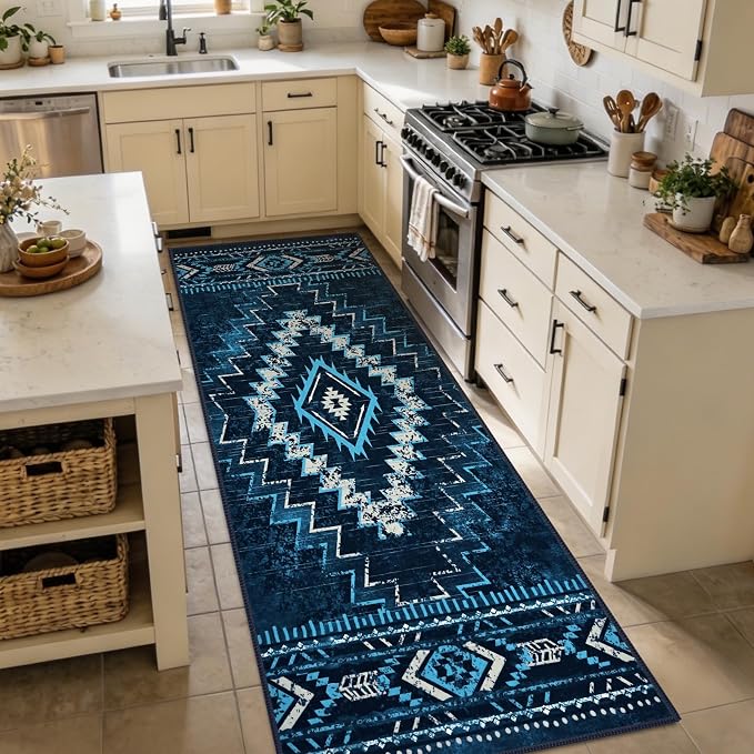 Yinhua 2x8 Runner Rug Non Slip, Western Washable Runner Rugs for Kitchen | Aztec Long Hallyway Runners Rug Low-Pile, Soft Bule Carpet for Bedside Bathroom Entryway