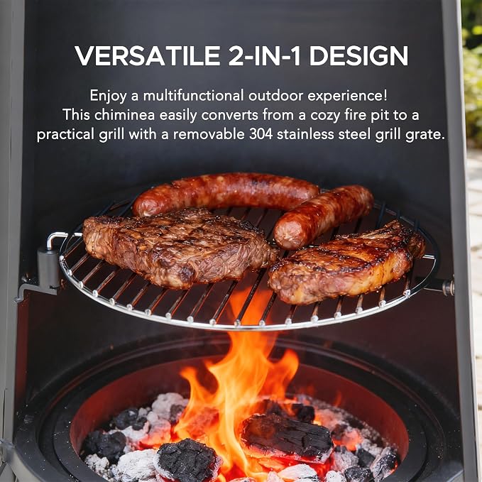 SUNJOY 2-in-1 Chiminea Fire Pit & Grill, 57" Tall Outdoor Fireplace with Removable Stainless Steel Grill Grate, Spark Screen & PVC Cover for Patio, Backyard, Cooking - Grey