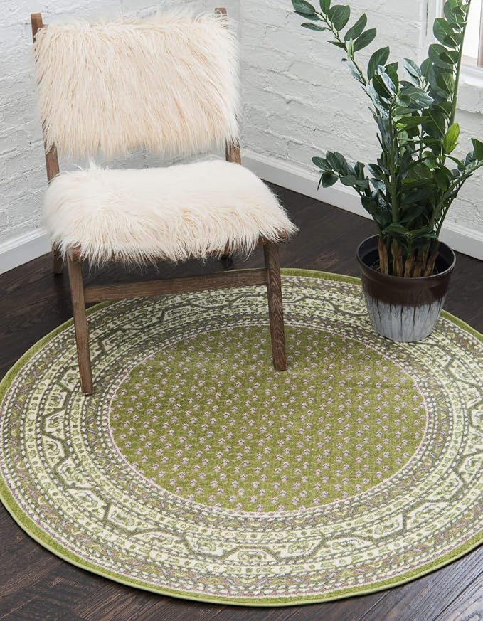 Unique Loom Williamsburg Collection Traditional Border with Dotted Center Area Rug, Round 5' 1" x 5' 1", Green/Beige