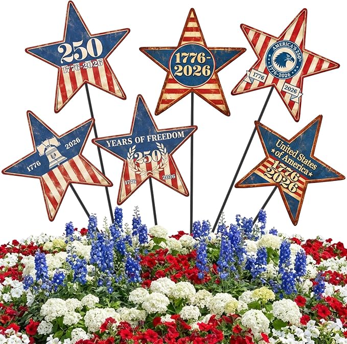 Pickmesh 6 Pcs 250th Anniversary America Yard Sign 4th of July Outdoor Decor 12" H Patriotic Metal Yard Sign Garden Stake Star 250th Anniversary USA 1776-2026 Outdoor Lawn Decor for Independence Day
