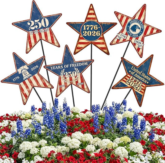 Pickmesh 6 Pcs 250th Anniversary America Yard Sign 4th of July Outdoor Decor 12" H Patriotic Metal Yard Sign Garden Stake Star 250th Anniversary USA 1776-2026 Outdoor Lawn Decor for Independence Day
