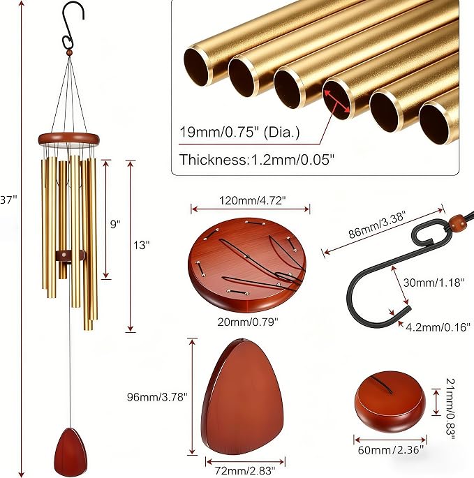 37 Inch Deep Tone Wind Chimes for Outside, Memorial Wind Chimes for Loss of Loved One, Large Gold Metal Wind Chimes for Garden Decor, Sympathy Gifts for Bereavement, Outdoor Chimes